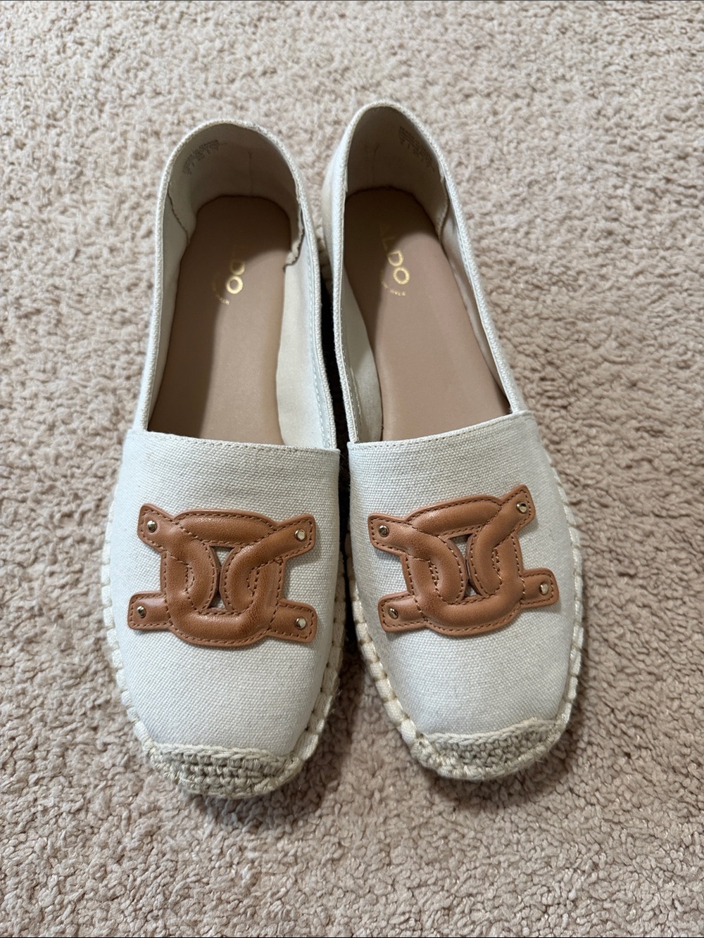 Aldo Neutral Canvas Espadrilles with Tan Leather Emblem